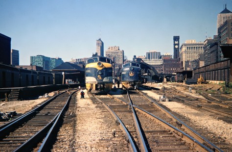 Chesapeake and Ohio Railway passenger train no. 8, <i>Pere Marquette</i>, and Baltimore and Ohio Railroad passenger train no. 6, <i>Capitol Limited</i>, at Grand Central Station in Chicago, Illinois, during September 1968. Photograph by John F. Bjorklund, © 2016, Center for Railroad Photography and Art. Bjorklund-92-10-21