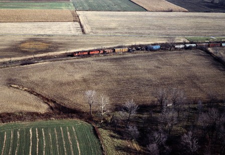 Northbound Detroit, Toledo and Ironton Railroad freight train in Quincy, Ohio, on November 18, 1979. Photograph by John F. Bjorklund, © 2016, Center for Railroad Photography and Art. Bjorklund-51-23-12