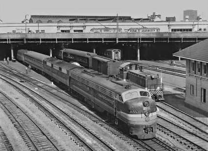 Seaboard Air Line Railroad's <i>Silver Comet</i> passenger train awaits departure beside tower at Atlanta Terminal Station in October 1954. Photograph by J. Parker Lamb, © 2016, Center for Railroad Photography and Art. Lamb-02-038-03