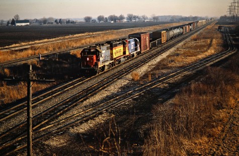 Southbound Grand Trunk Western Railroad freight train in Vienna, Michigan, on March 22, 1987. Photograph by John F. Bjorklund, © 2016, Center for Railroad Photography and Art. Bjorklund-59-03-02