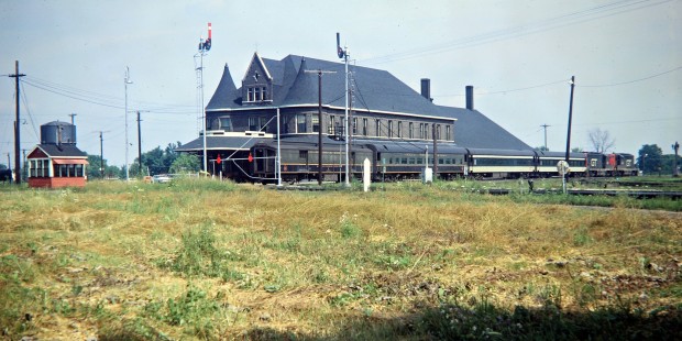 Grand Trunk Western Railroad in Durand, Michigan. Passenger train no. 168 is waiting for eastbound <i>Maple Leaf</i> (GT no. 158) connection in August 1968. Photograph by John F. Bjorklund, © 2016, Center for Railroad Photography and Art. Bjorklund-58-02-04