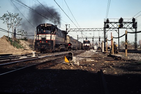 Westbound Conrail (ex-Erie Lackawanna) commuter passenger train at Hoboken, New Jersey, on May 8, 1981. Photograph by John F. Bjorklund, © 2015, Center for Railroad Photography and Art. Bjorklund-57-17-04