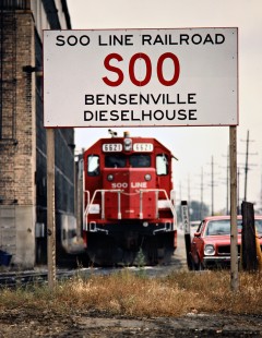 Soo Line Railroad at diesel house in Bensenville, Illinois, on October 24, 1987. Photograph by John F. Bjorklund, © 2016, Center for Railroad Photography and Art. Bjorklund-83-22-16