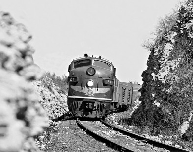 Southbound Missouri Pacific Railroad <i>Texas Eagle</i> passenger train slides through limestone cut as it nears Austin, Texas, in April 1964. Photograph by J. Parker Lamb, © 2016, Center for Railroad Photography and Art. Lamb-02-058-07