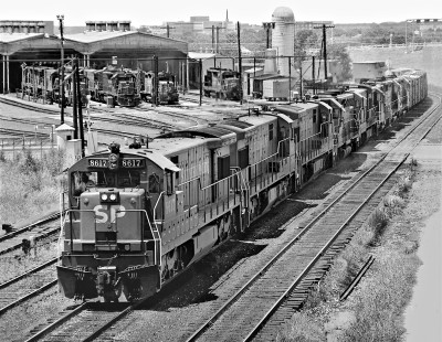Eastbound Southern Pacific Railroad freight train enters East Yard in San Antonio, Texas, behind eight locomotives in June 1968. Photograph by J. Parker Lamb, © 2016, Center for Railroad Photography and Art. Lamb-02-052-08