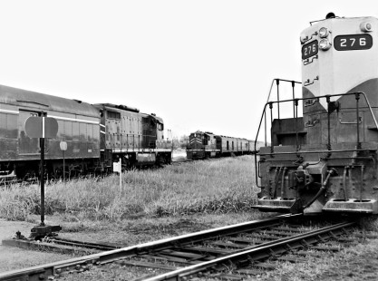 Eastbound Missouri Pacific Railroad <i>Orleanean</i> (left) passes counterpart at Eunice, Louisiana, in August 1965. Photograph by J. Parker Lamb, © 2016, Center for Railroad Photography and Art. Lamb-02-060-04
