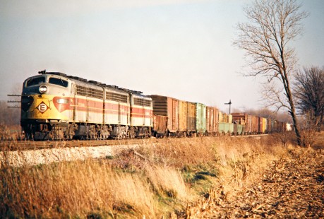Westbound Erie Lackawanna Railway freight train near Keaton, Ohio, on November 15, 1975. Photograph by John F. Bjorklund, © 2016, Center for Railroad Photography and Art. Bjorklund-55-20-21