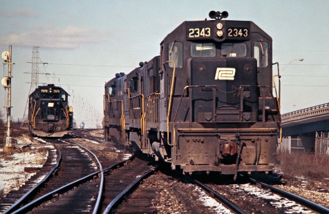 Penn Central freight train at Detroit, Michigan, on February 10, 1973. Photograph by John F. Bjorklund, © 2016, Center for Railroad Photography and Art. Bjorklund-79-22-16