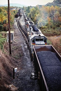 Northbound and southbound Louisville and Nashville Railroad coal trains meet Williamsburg, Kentucky, on October 18, 1980. Photograph by John F. Bjorklund, © 2016, Center for Railroad Photography and Art. Bjorklund-71-10-15
