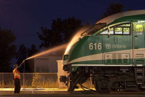 Bombardier Transportation employee washes a GO Transit locomotive in Georgetown, Ontario, Canada, on August 8, 2016.

Read more about the <a href="http://www.railphoto-art.org/awards/2019-awards/" rel="noreferrer nofollow">2019 John E. Gruber Creative Photography Awards Program</a>.
