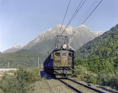 New Zealand Government Railways electric train en route between Otira and Arthur's Pass, on the South Island of New Zealand, on June 9, 1967.  Photograph shot near Otira. Photograph by Victor Hand. Hand-NZGR-C12-66