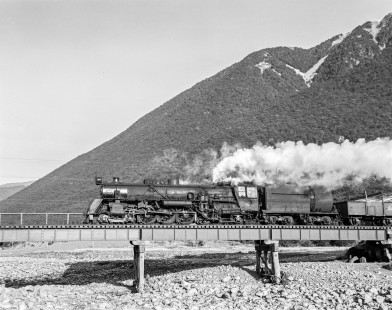 New Zealand Government Railway locomotive no. 1253 onHand, Victor; Hand-NZGR-12-1126.JPG; NZGR 1253, 10:45 AM, Arthur's Pass-Srpingfield Freight; 1967-06-16; Still Image; Black and White Cellulose Acetate Negative; 4X5 in; Center for Railroad Photography and Art; Arthurs Pass, Canterbury, New Zealand; Hand-NZGR-12-1126.JPG; © 2017, Center for Railroad Photography and Art