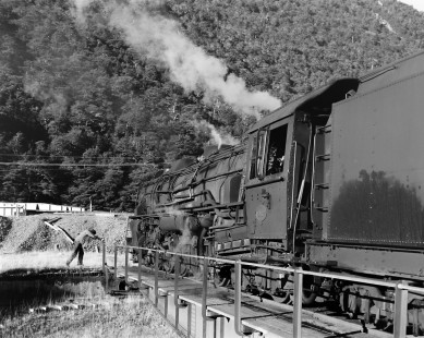 New Zealand Government Railways steam locomotive no. 967 on turn table at Arthur's Pass on the South Island of New Zealand on June 14, 1967. Photograph by Victor Hand. Hand-NZGR-12-1097