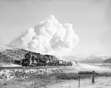 New Zealand Government Railways steam locomotive no. 1242 hauls eastbound freight near Cass on the South Island of New Zealand on July 21, 1966; Photograph by Victor Hand; Hand-NZGR-10-761.
