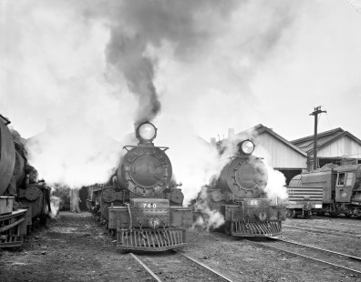 New Zealand Government Railways steam locomotive nos. 740 and 816 at Christchurch on the South Island of New Zealand on July 19, 1966; Photograph by Victor Hand; Hand-NZGR-10-725.