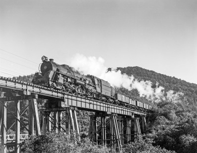 New Zealand Government Railways steam locomotive no. 1212 leads a freight train near Stillwater on the South Island of New Zealand on June 10, 1967. Photograph by Victor Hand. Hand-NZGR-12-1019.