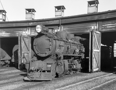New Zealand Government Railways steam locomotive no. 304 at roundhouse in Greymouth, New Zealand, on June 10, 1967. Photograph by Victor Hand. Hand-NZGR-12-1007