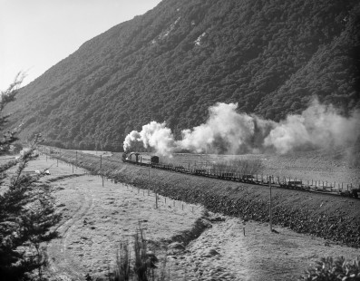 New Zealand Government Railways steam locomotive no. 966 hauls westbound freight between Springfield and Arthur's Pass on the South Island of New Zealand on July 25, 1966; Photograph by Victor Hand; Hand-NZGR-10-848.