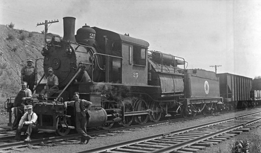 The crew of a Lehigh and New England freight train pose with their locomotive, 2-8-0 camelback 25, at Bath, Pennsylvania, circa 1935. Photograph by Donald W. Furler, Furler-23-040-04, © 2017, Center for Railroad Photography and Art