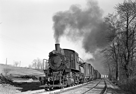 Lehigh and New England 2-8-0 camelback steam locomotive 29 pulling a freight train east with thirty-six cars at Bethlehem, Pennsylvania, on April 20, 1946. Photograph by Donald W. Furler, Furler-02-007-01, © 2017, Center for Railroad Photography and Art