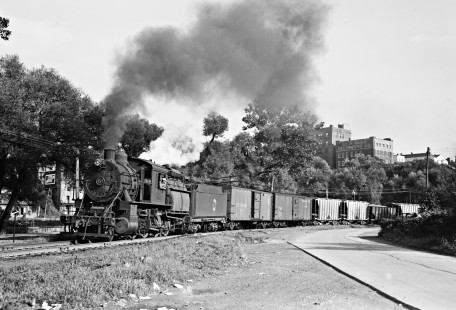 Lehigh and New England 2-8-0 E-13 camelback steam locomotive 151 with a freight north approaching Union Boulevard crossing in Bethlehem, Pennsylvania, on August 31, 1946. Photograph by Donald W. Furler, Furler-02-022-02, © 2017, Center for Railroad Photography and Art