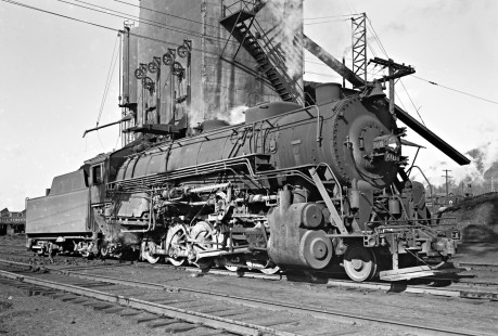 Portrait of Lehigh and New England 401, a 2-10-0 steam locomotive of the F-1 class next to the coaling tower at Pen Argyl, Pennsylvania, on April 7, 1946. Photograph by Donald W. Furler, Furler-02-058-01, © 2017, Center for Railroad Photography and Art