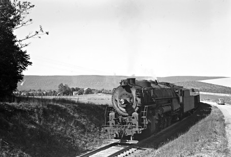 Lehigh and New England 2-10-0 steam locomotive 403 pulling a freight train from Pen Argyl to Martins Creek at Summit, Pennsylvania, on September 14, 1946. Photograph by Donald W. Furler, Furler-02-062-02, © 2017, Center for Railroad Photography and Art
