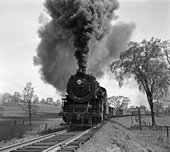 Lehigh and New England 2-8-0 steam locomotive 301 pulls a freight train west at Goshen, New York, on May 19, 1940. Photograph by Donald W. Furler, Furler-03-071-01, © 2017, Center for Railroad Photography and Art