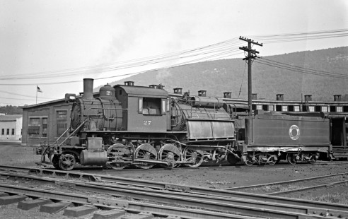 Lehigh and New England 2-8-0 camelback steam locomotive no. 27 at Pen Argyl, Pennsylvania, on March 16, 1946. Photograph by Donald W. Furler, Furler-02-001-01, © 2017, Center for Railroad Photography and Art