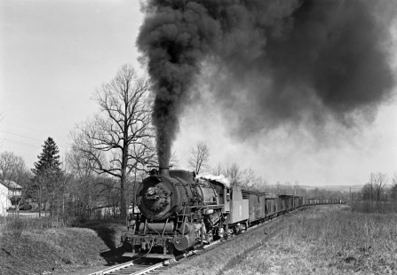 Lenigh and New England 2-8-0 305 pulling a freight train west with thirty-six cars at Mount Bethel, Pennsylvania, on March 16, 1946. Photograph by Donald W. Furler, Furler-02-042-02, © 2017, Center for Railroad Photography and Art