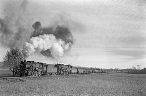 Lehigh and New England steam locomotives 307 and 401 leaving Summit, Pennsylvania, with a forty-seven car freight train east on March 10, 1946. The engines had to "double the hill" (take the train in two sections) on the steep grade between Bath and Summit. Photograph by Donald W. Furler, Furler-02-052-01, © 2017, Center for Railroad Photography and Art