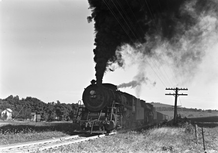 Lehigh and New England steam locomotives 303 and 401 climbing the steep grade toward Summit, Pennsylvania, in September 1946. Photograph by Donald W. Furler, Furler-22-045-01, © 2017, Center for Railroad Photography and Art