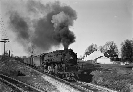 Lehigh and Hudson River Railway 4-8-2 steam locomotive no. 11 hauling a seventy-car freight west into Burnside, New York, on April 14, 1946. The train is approaching the switch with the New York, Ontario and Western where it will pickup forty-one cars. Photograph by Donald W. Furler, Furler-01-005-02, © 2017, Center for Railroad Photography and Art