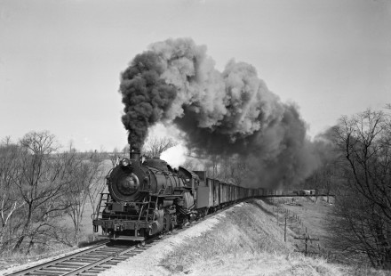 Lehigh and Hudson River Railway 2-8-2 steam locomotive no. 71 pulling a freight train through Craigville, New York, on April 12, 1941. Photograph by Donald W. Furler, Furler-01-026-02, © 2017, Center for Railroad Photography and Art
