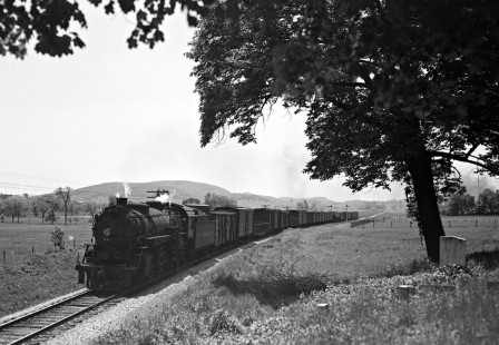 Lehigh and Hudson River Railway 2-8-2 steam locomotive no. 80 pulling a freight train east through Craigville, New York, in 1944. Photograph by Donald W. Furler, Furler-01-034-01, © 2017, Center for Railroad Photography and Art