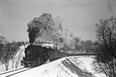 Lehigh and Hudson River Railway 2-8-2 steam locomotive no. 82 pulling a thirty-five-car freight train west through Craigville, New York, on a snowy February 23, 1946. Photograph by Donald W. Furler, Furler-01-046-02, © 2017, Center for Railroad Photography and Art