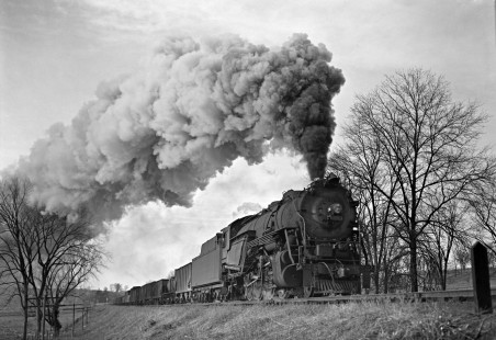 Lehigh and Hudson River Railway 2-8-0 steam locomotive no. 91 hauls a ninety-seven-car freight train through Hamptonburgh, New York, on February 10, 1946. Photograph by Donald W. Furler, Furler-01-070-01, © 2017, Center for Railroad Photography and Art
