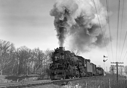 Lehigh and Hudson River Railroad 2-8-2 steam locomotive no. 80 leads a freight train west out of Warwick, New York, past semaphore signals on November 23, 1947. Photograph by Donald W. Furler, Furler-22-015-02, © 2017, Center for Railroad Photography and Art