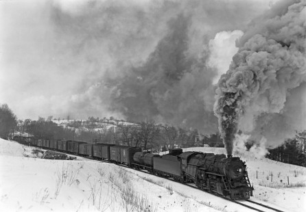 Lehigh and Hudson River 2-8-0 steam locomotive 95 leading a freight train west at Craigville, New York, on a snowy February 26, 1950. Photograph by Donald W. Furler, Furler-22-042-02, © 2017, Center for Railroad Photography and Art