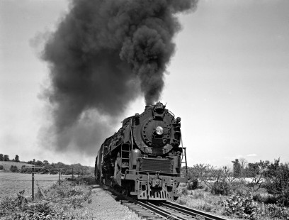 Lehigh and Hudson River Railway 4-8-2 steam locomotive no. 12 pulling freight train HO6 east at Hazen, New Jersey, on July 4, 1946. Photograph by Donald W. Furler, Furler-01-015-02, © 2017, Center for Railroad Photography and Art