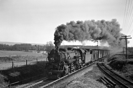 Lehigh and Hudson River Railway 2-8-2 steam locomotive no. 80 pulling a Port Morris-Maybrook freight train east at Burnside, New York, on March 23, 1946. Photograph by Donald W. Furler, Furler-01-034-02, © 2017, Center for Railroad Photography and Art