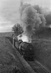 Lehigh and Hudson River Railway 2-8-0 steam locomotive no. 90 pulling a Maybrook-Belvidere freight train west through Craigville, New York, on November 5, 1944. Photograph by Donald W. Furler, Furler-01-063-01, © 2017, Center for Railroad Photography and Art