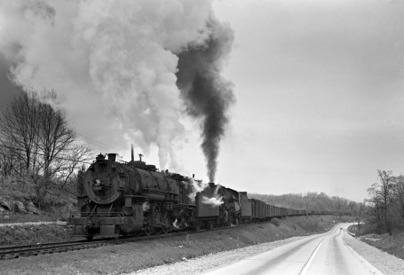 Delaware, Lackawanna, and Western Railroad 2-8-2 steam locomotive no. 2115 teams up with Lehigh and Hudson River Railroad steam locomotive no. 90, a massive 2-8-0, on a freight train through Andover, New Jersey, on April 27, 1941. Photograph by Donald W. Furler, Furler-01-065-02, © 2017, Center for Railroad Photography and Art