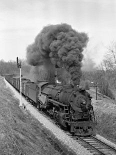 Lehigh and Hudson River Railway no. 90 splits the semaphore signals at Craigville, New York, with a Burnside-Belvidere freight train on March 24, 1946. Photograph by Donald W. Furler, Furler-01-067-02, © 2017, Center for Railroad Photography and Art