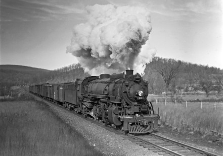 Lehigh and Hudson River Railway 2-8-2 steam locomotive no. 81 leading a Maybrook-Port Morris local freight train west through Waterloo, New Jersey, in 1940. Photograph by Donald W. Furler, Furler-03-059-01, © 2017, Center for Railroad Photography and Art