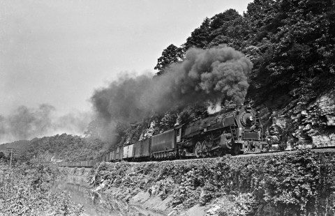 Lehigh and Hudson River Railway 4-8-2 steam locomotive no. 10 leads freight HO6 east through Freemansburg, Pennsylvania, on July 29, 1946. Photograph by Donald W. Furler, Furler-01-102-01, © 2017, Center for Railroad Photography and Art