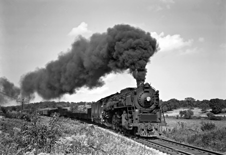 Lehigh and Hudson River Railway 4-8-2 steam locomotive no. 10 hauling a freight west at Girarde, New York, on August 24, 1946. Photograph by Donald W. Furler, Furler-01-001-02, © 2017, Center for Railroad Photography and Art