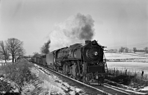 Lehigh and Hudson River Railway 4-8-2 steam locomotive no. 12 with a freight west at Hamptonburgh, New York, on January 5, 1946. Photograph by Donald W. Furler, Furler-01-012-02, © 2017, Center for Railroad Photography and Art