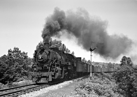 Lehigh and Hudson River Railway 2-8-2 steam locomotive no. 81 pulling a freight train west past semaphore signals near Maybrook, New York, on June 23, 1946. Photograph by Donald W. Furler, Furler-01-040-01, © 2017, Center for Railroad Photography and Art