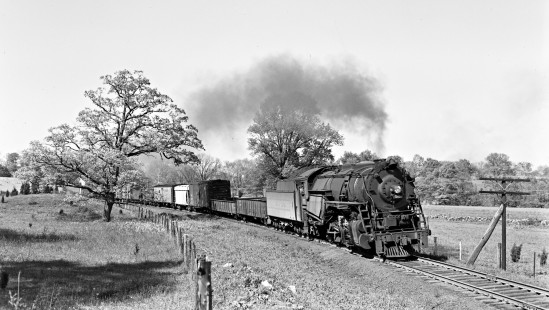 Leigh and Hudson River Railway steam locomotive no. 90 leads a freight train west through New Milford, New York, circa 1945. Photograph by Donald W. Furler, Furler-16-017-02, © 2017, Center for Railroad Photography and Art
